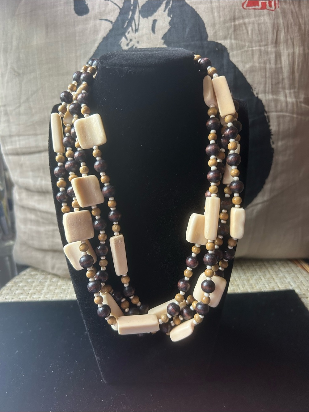 Multi-Strand Ivory and Dark Wood Bead Necklace. 16”